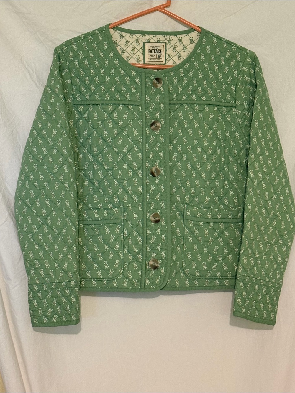 FatFace Mia Women’s Light Green Woodblock Quilted Jacket - Size US 12